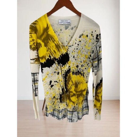 Prabal Gurung 100% Silk Top Abstract Yellow & Black Print V-Neck Long Sleeve Swe - Picture 1 of 6